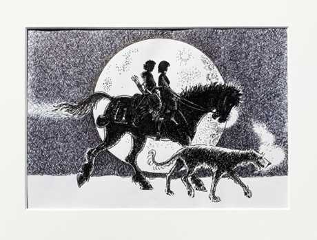'Across the moon'.
From 'The Dog Hunters'. 
$NZ250 (approx $US167, £128, €141)